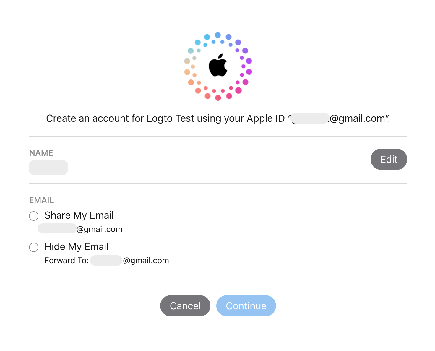 Apple でサインインの同意画面